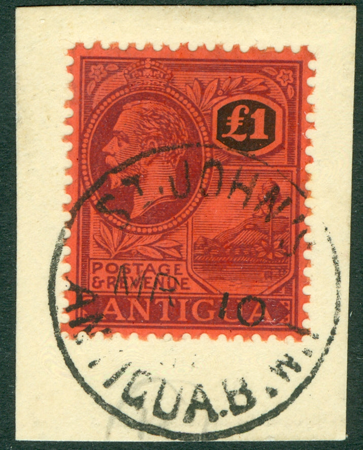 SG 61 Antigua 1921-29. £1 purple & black on red. Very fine used tied to piece by St Johns CDS CAT £400