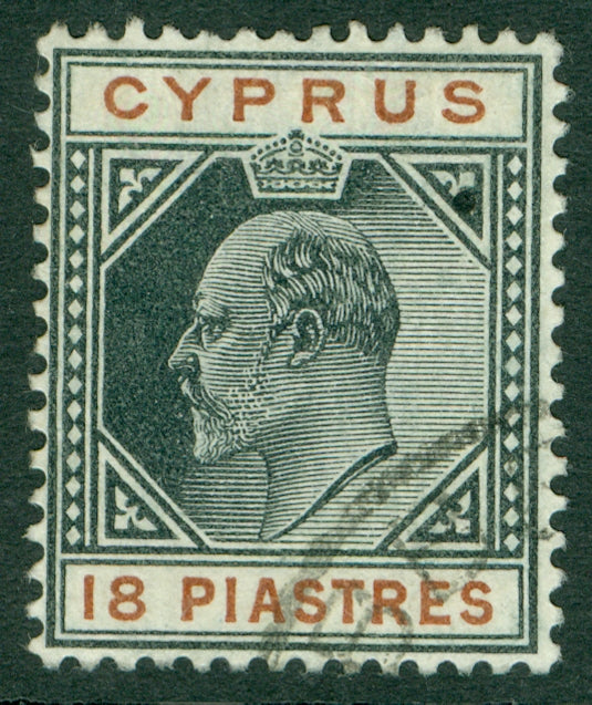 SG 58 Cyprus 1902-04. 18pi black & brown, watermark crown CA. Very fine used CAT £180