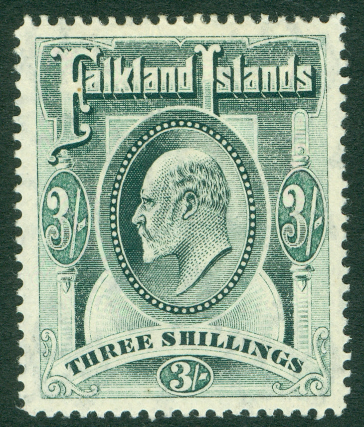 SG 49 Falklands 1904. 3/- green. A fine fresh lightly mounted mint example CAT £190