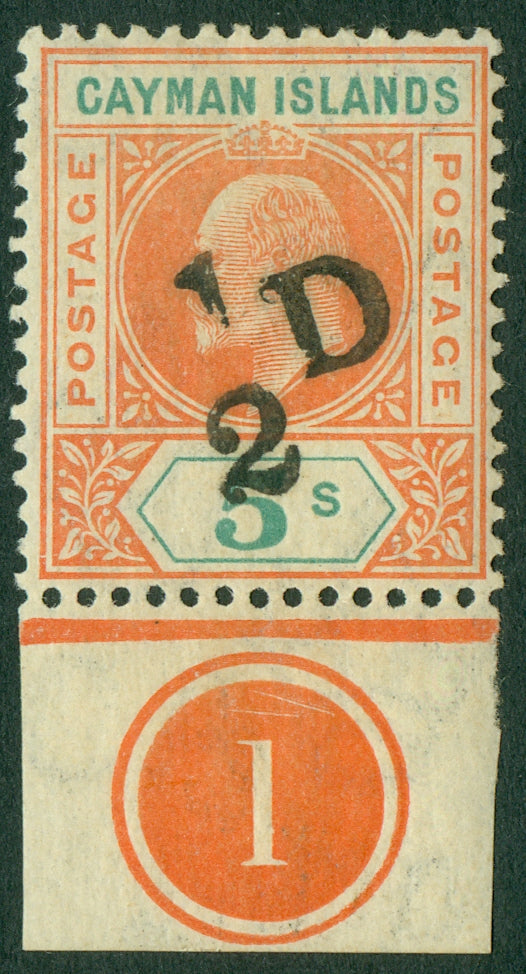 SG 18 Cayman Islands 1907. ½d on 5/- salmon & green, lower marginal example with plate number. Fine mounted mint CAT £325+