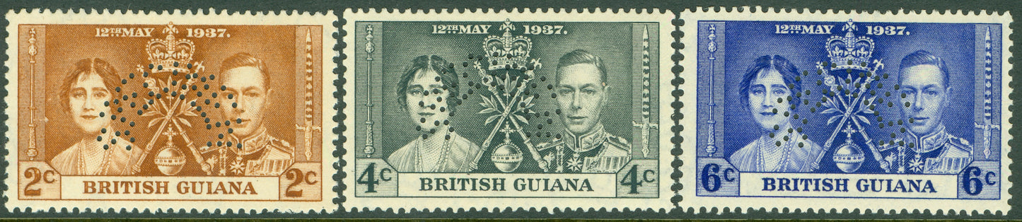 SG 305-307 British Guiana 1937 Coronation set of 3 ‘perf’ specimen (horseshoe). Fine fresh unmounted mint CAT £120