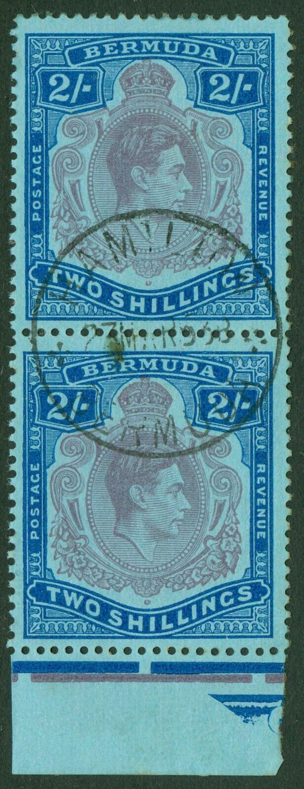 SG 116f Bermuda 2/- perf 13, reddish purple & blue/pale blue, vertical pair. Very fine used with a singleBermuda, Hamilton CDS CAT £84