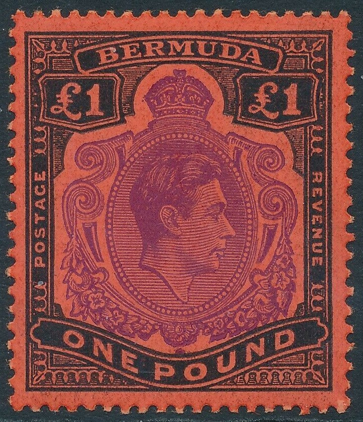 SG 121e Bermuda 1938-53 £1 bright violet and black/scarlet. Perf 13, unmounted mint