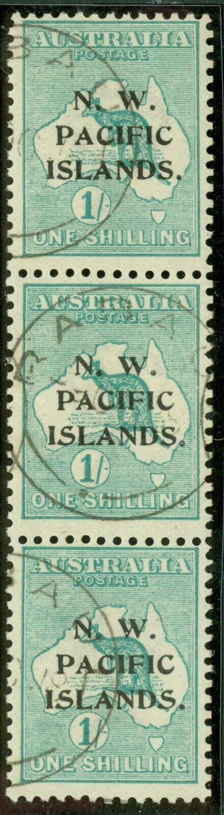 SG 81 Australia, N.W Pacific Islands 1915-16. 1/- green. Very fine used vertical strip of 3 CAT £225