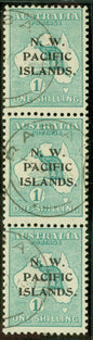SG 81 Australia, N.W Pacific Islands 1915-16. 1/- green. Very fine used vertical strip of 3 CAT £225