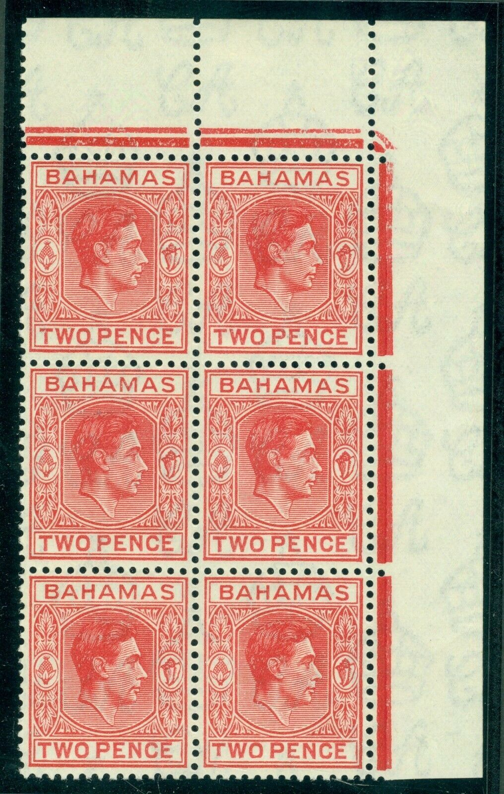 SG 152ba Bahamas 1938-52. 2d scarlet. Unmounted mint block of 6 with the short 'T' variety lower right side stamp CAT £140