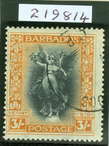 SG 211 Barbados 1920-21 3/- black & dull orange perf 14. WMK crown CA sideways. Very fine used CAT £95. RPS cert