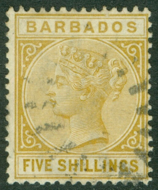 SG 103 Barbados 1882-86. 5/- bistre. Very fine used CAT £300