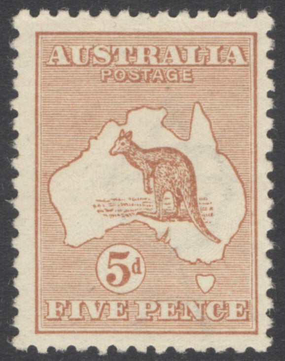 SG 8 Australia 1913-14. 5d chestnut, watermark 2, die 2, perf 12. Very lightly mounted mint. Good deep colour & well centred CAT £120