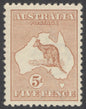 SG 8 Australia 1913-14. 5d chestnut, watermark 2, die 2, perf 12. Very lightly mounted mint. Good deep colour & well centred CAT £120