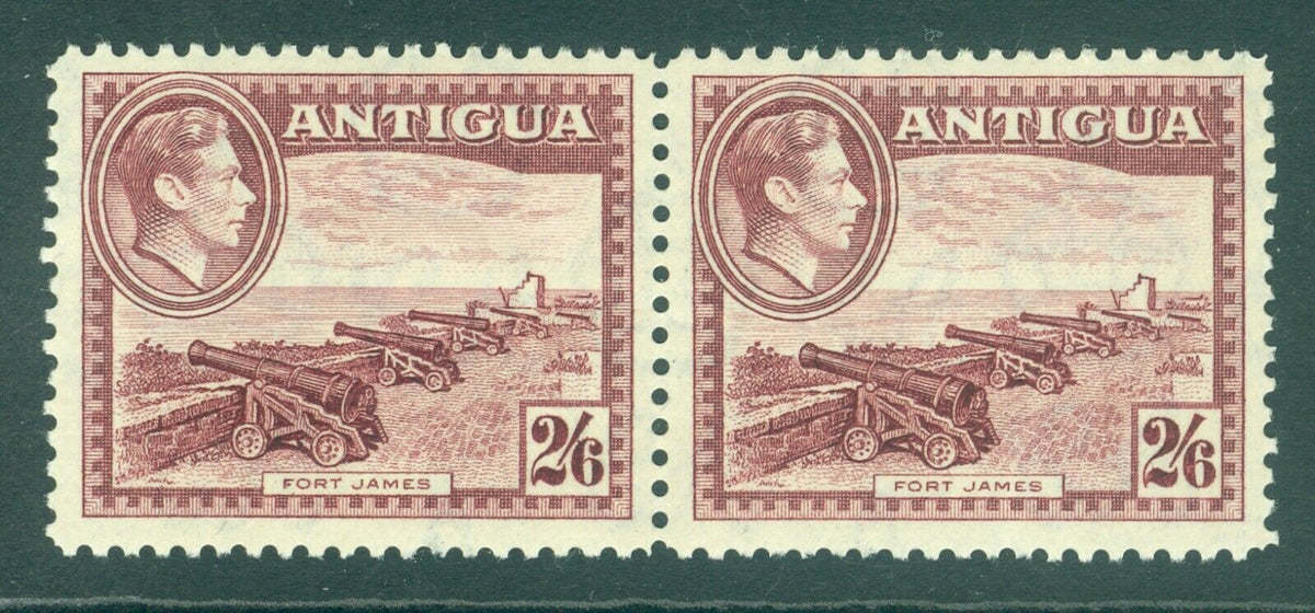 SG 106a Antigua 1938. 2/6 maroon pair. Lightly mounted mint CAT £84