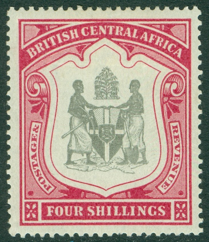 SG 50 British Central Africa 1897-1900. 4/- black & carmine. Lightly mounted mint. Good colour & centring CAT £140