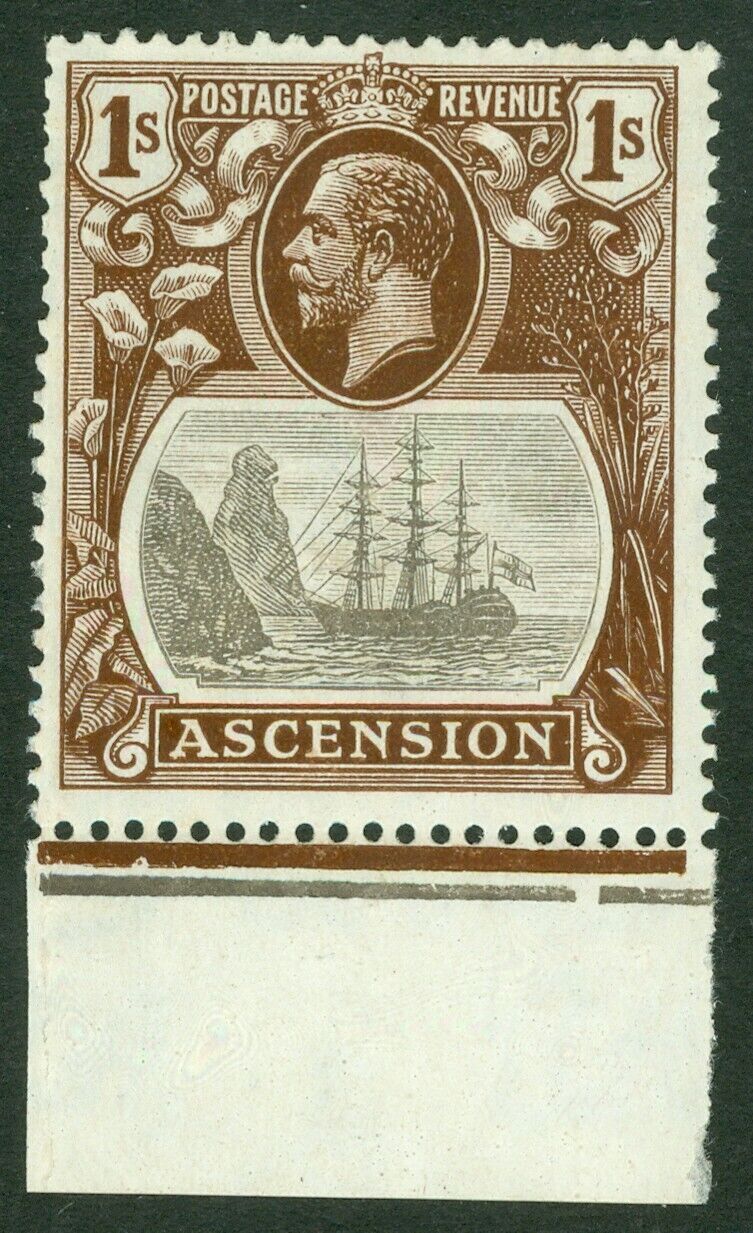 SG 18c Ascension 1/- grey, black & brown, lower marginal example, variety 'cleft rock' CAT £375