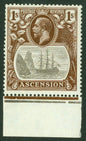 SG 18c Ascension 1/- grey, black & brown, lower marginal example, variety 'cleft rock' CAT £375