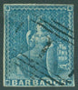 SG 3 Barbados 1852 (1d) blue. Very fine used. 4 margins CAT £190