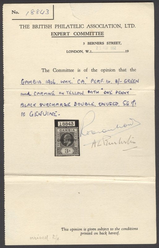 SG 70a Gambia 1906. 1d on 3/- green & carmine on yellow, variety surcharge double. Mounted mint, overall slight gum toning. BPA cert (1952). Very scarce CAT £1800