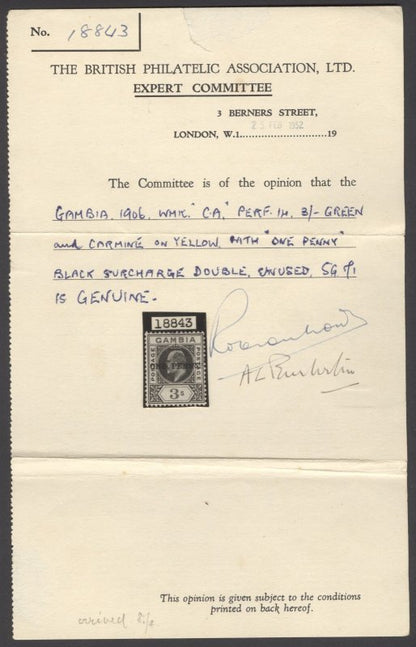 SG 70a Gambia 1906. 1d on 3/- green & carmine on yellow, variety surcharge double. Mounted mint, overall slight gum toning. BPA cert (1952). Very scarce CAT £1800
