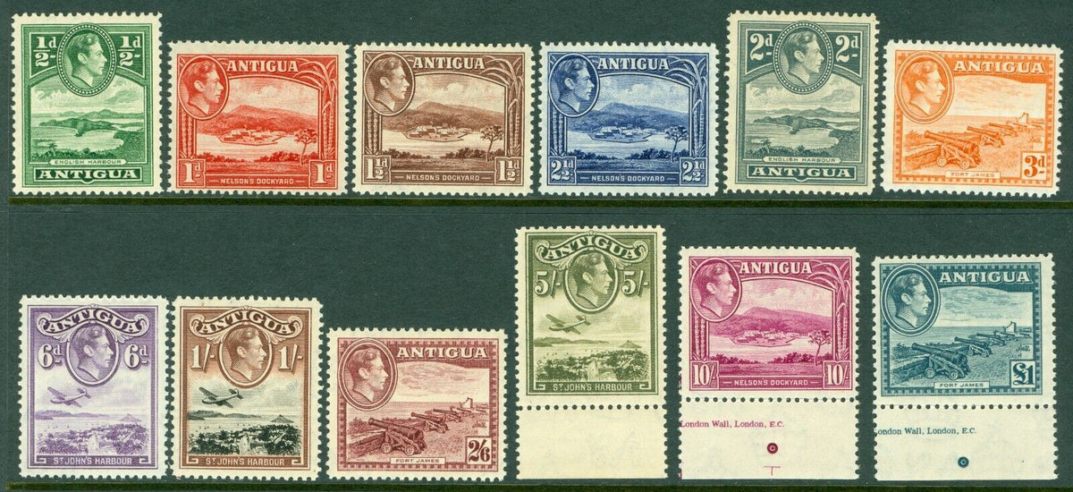 SG 98-109 Antigua 1938-51. ½d-£1 set of 12. Fine unmounted mint. 5/-, 10/- & £1 being marginal CAT £130