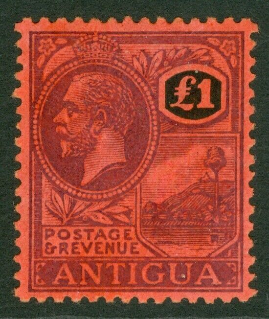SG 61 Antigua 1921 MCA. £1 Purple and Black on Red lightly mounted mint CAT £250