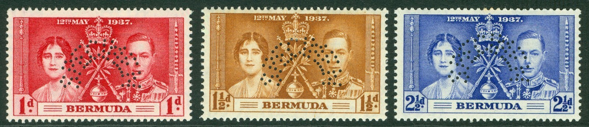 SG 107-109 Bermuda 1937 Coronation set of 3 'perf' specimen (horseshoe). Fine fresh mounted mint CAT £225