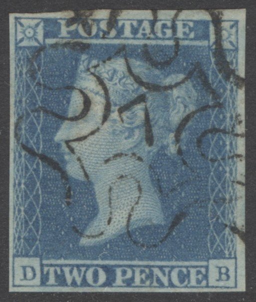 SG 14f 1841 2d blue plate 3 lettered DB. Very fine used with a crisply struck ‘7’ in Maltese cross. 4 good margins