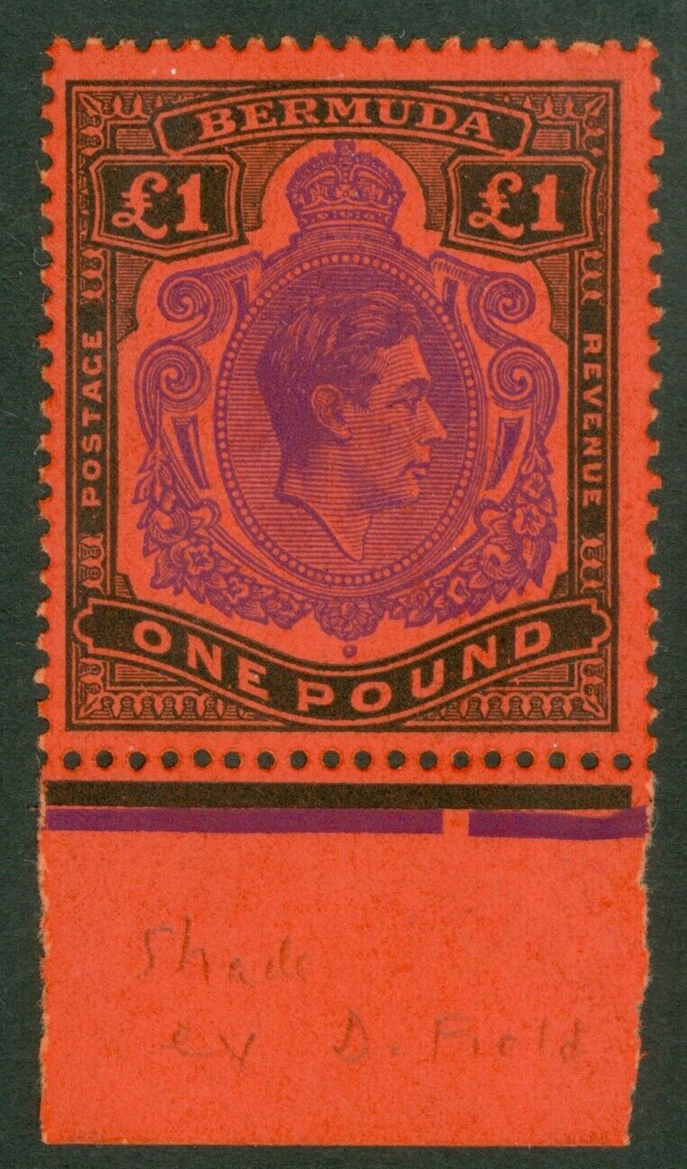 SG 121e Bermuda 1938-53. £1 violet & black/scarlet, perf 13. A fine fresh unmounted mint marginal exampleCAT £300
