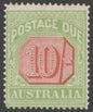 SG O86 Australia 1913-23. 10/- scarlet & pale yellow-green, perf 14. A fine fresh very lightly mounted mint example CAT £2250