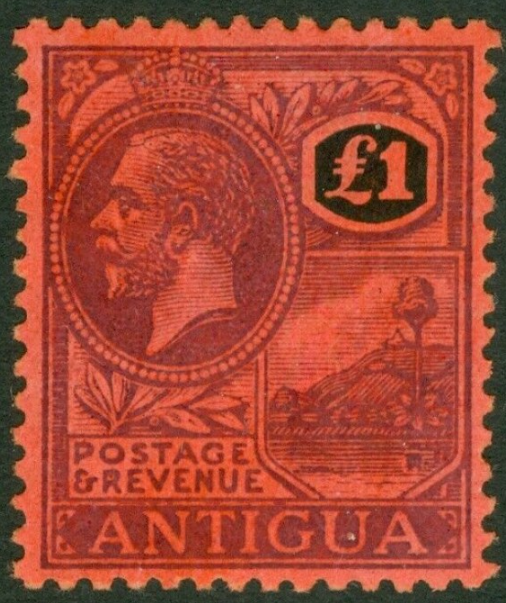 SG 61 Antigua 1921 MCA.£1 Purple and Black on Red. Lightly mounted mint CAT £250