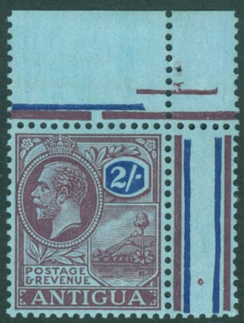 SG 77 Antigua 1921-24. 2/- purple & blue/blue. Unmounted mint corner marginal example (hinged in margin)