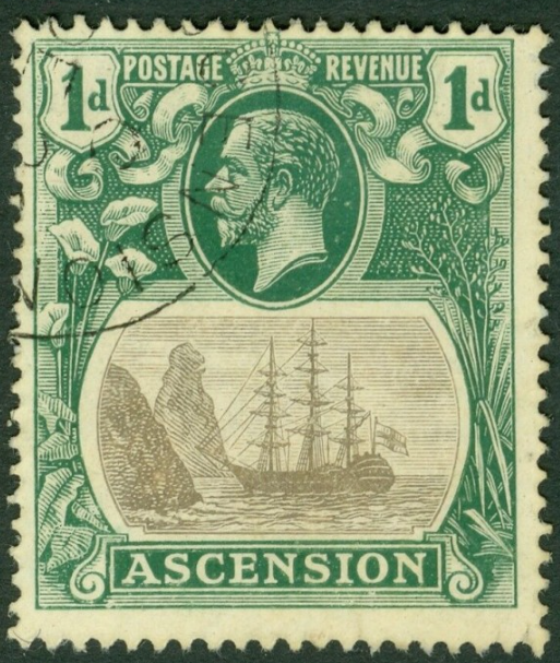 SG 11c Ascension 1924 1d grey-black & deep blue green. Variety cleft rock. Very fine used CAT £275