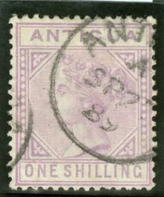 SG 30 Antigua 1884-86 1/- mauve. watermark crown CA. Fine used part Antigua CDS CAT £140. RPS cert