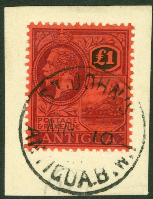 SG 61 Antigua 1921-29. £1 purple & black on red. Very fine used tied to piece by St Johns CDS CAT £400