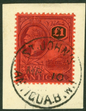 SG 61 Antigua 1921-29. £1 purple & black on red. Very fine used tied to piece by St Johns CDS CAT £400