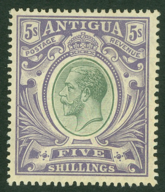 SG 51 Antigua 1913. 5/- grey green & violet. Fine unmounted mint CAT £95