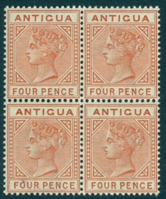 SG 28/a Antigua 1884-87 4d chestnut block of 4, pristine unmounted mint top of the left triangle detached variety on the top left stamp CAT £400+