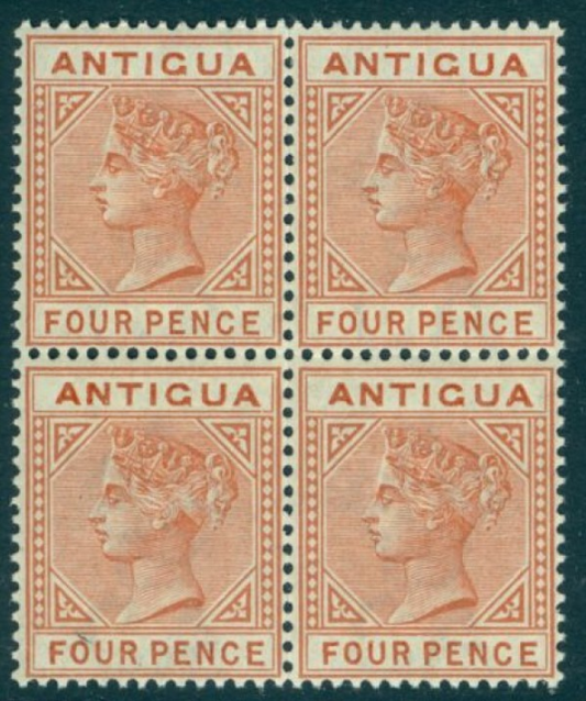 SG 28/a Antigua 1884-87 4d chestnut block of 4, pristine unmounted mint top of the left triangle detached variety on the top left stamp CAT £400+