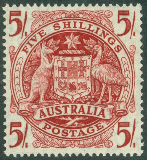 SG 224ab Australia 1948. 5/- claret on thin paper. Fine unmounted mint CAT £120