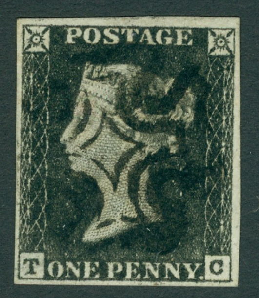 SG 2 1d Black plate 1a lettered TC. Very fine used with an upright black Maltese cross. 4 fine margins CAT £1100