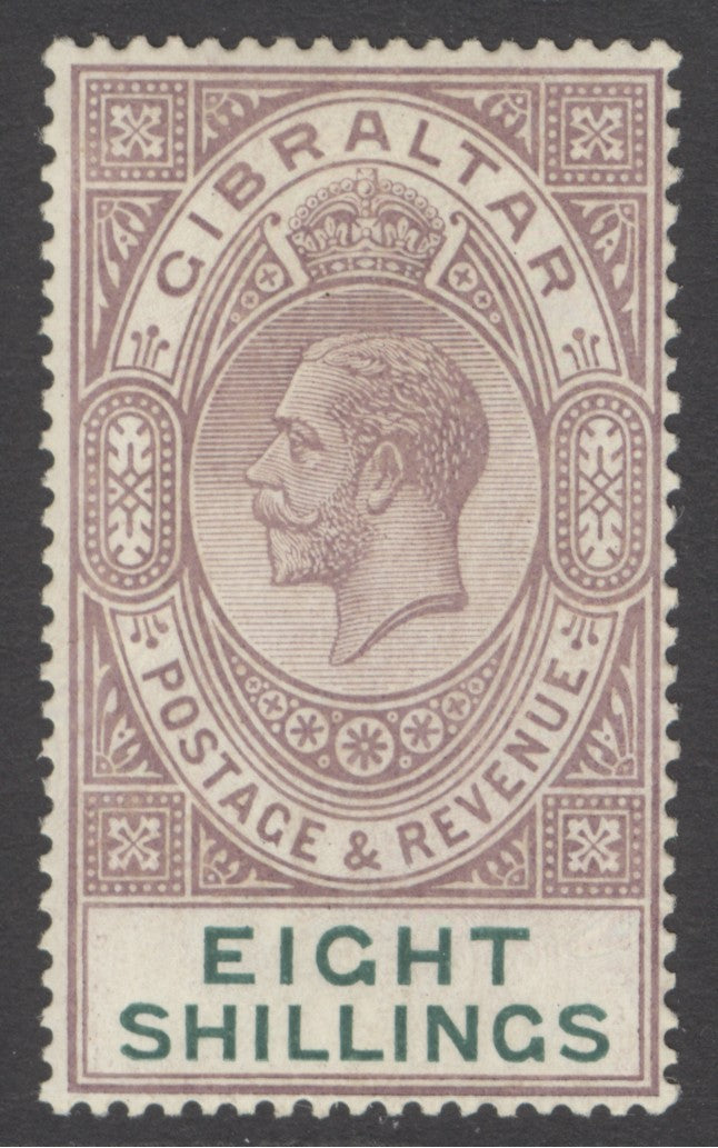 SG 101 Gibraltar 1921-27. 8/- dull purple & green. A fine fresh lightly mounted mint example CAT £350