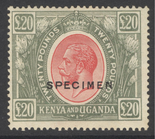 SG 101 KUT 1922-27. £20 red & green, overprinted specimen. Very lightly mounted mint. Usual overall gum toning CAT £2000