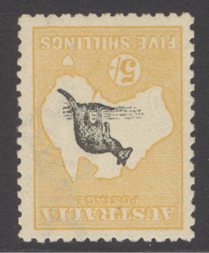 SG 30wa Australia 1915. 5/- grey & yellow, variety inverted watermark. Very lightly mounted mint. Well centred, good colours. Very scarce CAT £1400. Peter Holcombe cert
