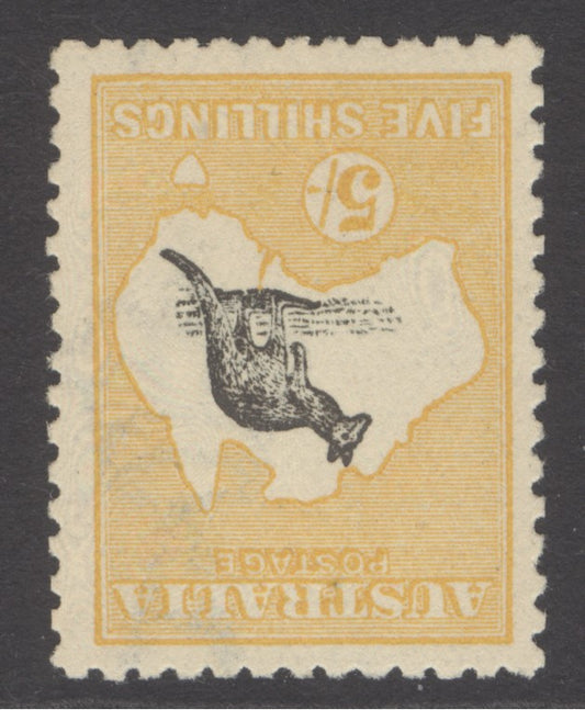 SG 30wa Australia 1915. 5/- grey & yellow, variety inverted watermark. Very lightly mounted mint. Well centred, good colours. Very scarce CAT £1400. Peter Holcombe cert