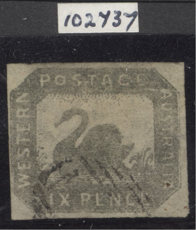 SG 19 Western Australia 1857. 6d grey-black. Very fine used with 4 clear to large margins CAT £750. RPS cert