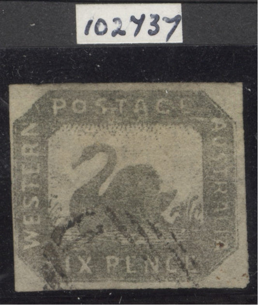 SG 19 Western Australia 1857. 6d grey-black. Very fine used with 4 clear to large margins CAT £750. RPS cert