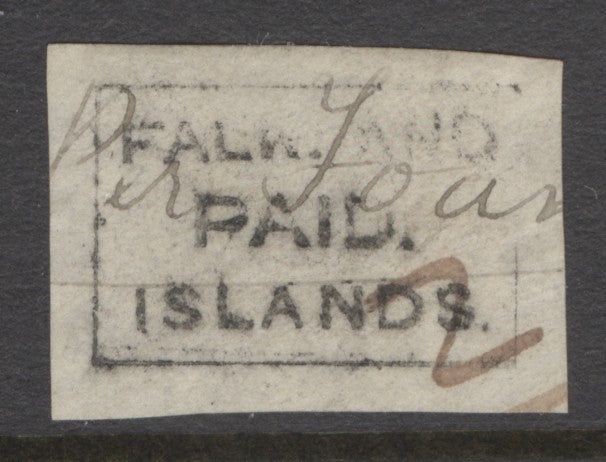 SG FR1 Falklands 1869 ‘black frank’. A fine strike on small piece on thin wove paper with endorsements ‘perf foam’ and ‘2’ in M/S (the latter in brown). Undoubtedly cut from an original cover, desirable thus