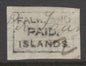 SG FR1 Falklands 1869 ‘black frank’. A fine strike on small piece on thin wove paper with endorsements ‘perf foam’ and ‘2’ in M/S (the latter in brown). Undoubtedly cut from an original cover, desirable thus