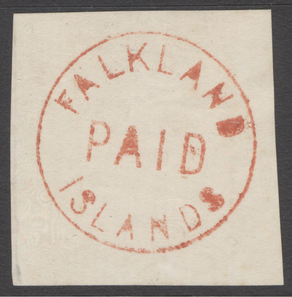 SG FR2 Falklands 1876 ‘red frank’. A very fine strike on piece of white laid paper CAT £190