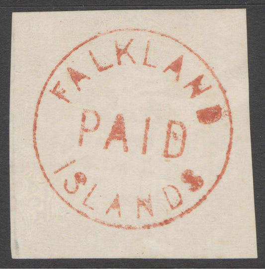 SG FR2 Falklands 1876 ‘red frank’. A very fine strike on piece of white laid paper CAT £190