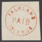 SG FR2 Falklands 1876 ‘red frank’. A very fine strike on piece of white laid paper CAT £190