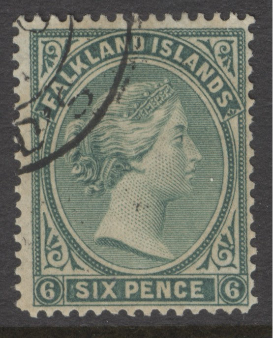 SG 3 Falklands 1878-79. 6d blue-green. Very fine used part CDS, leaves Queens profile clear CAT £85
